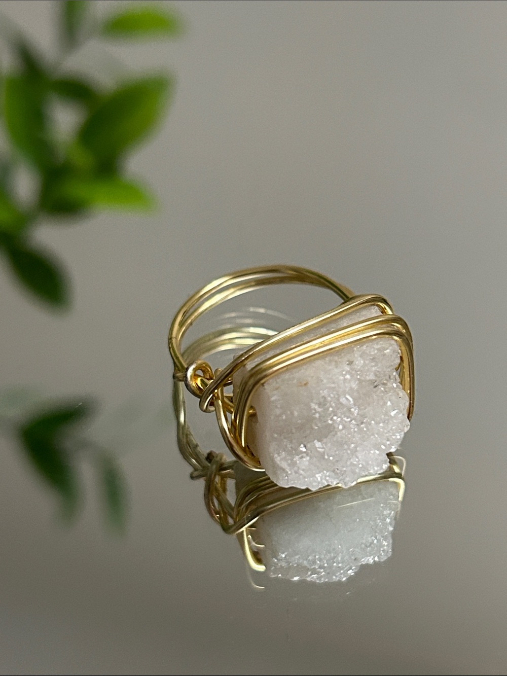 Gold Wire-Wrapped White Druzy Ring - Women Jewelry